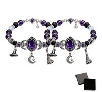 WEIWOGU Witch's Crystal Moon Charm Bracelet, Purple Beaded Bracelet (2pcs)