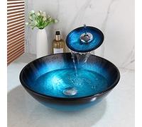 WEIXINTECH Bathroom Tempered Glass Vessel Sink Black & Blue Round Wash Basin Bowl Waterfall Mixer Chrome Brass Faucet Stainless Steel Pop-up Drain Combo with Cold & Hot Water Hoses
