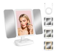 WEIYI Trifold Vanity Mirror with 3 Color Lights, USB Rechargeable Makeup Mirror, 1x/2x/3x Magnification with 46 LED Lights Touch Screen, 180° Adjustable Stand for Cosmetic Makeup Mirror