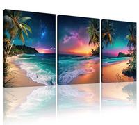 weiyiart 3-Piece Tropical Beach Wall Art, Northern Lights Ocean Sunset Canvas Prints, Palm Tree Coastal Seascape Decor for Living Room Bedroom Bathroom Office, 12"x16" Set of 3