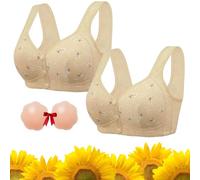 WEIYIXIN 2-Pack Daisy Bras for Older Women,2024 Front Close Button Cotton Bras,Comfortable No Wire Convenient Buckle Bra (Beige+Beige, XXL)