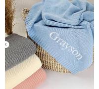 WEIYOUDP Manta de bebé bordada con nombre, Manta de Punto de algodón Suave y transpirable, Regalo personalizado para recién nacido (Blue)