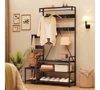 WEJIUAFB Industrial-Style Coat Rack with Bench and Shoe Cabinet Family Wardrobe Stand for Hallway Storage Suitable for Entrances, Living Rooms, Bedrooms - Black