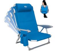 #WEJOY 4-Position Adjustable Beach Chair for Adults, Folding Low Beach Chair Lightweight & Portable, High Back Pillow Pocket Outdoor Garden Reclining Camping Beach, Blue