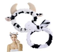 WEKADRIN 2pcs Creative Cow Pattern Face Wash Headband with Bow and Horns Soft Cloth Makeup Headband for Women and Comfortable Hair Band for Spa Skincare Daily Hair Fixing