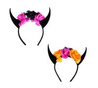 WEKADRIN 2Pcs Halloween Skull Horn Headband with Realistic Flowers Devil Horn Hair Accessories for Women and Party Costume Cosplay Headwear for Halloween Birthday Day Dead