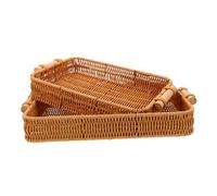WEKADRIN 2pcs Handmade Imitation Rattan Woven Storage Basket with Handles Rectangular Breathable Bread and Vegetable Tray for Kitchen Bathroom Tabletop Lightweight Decorative Organizer