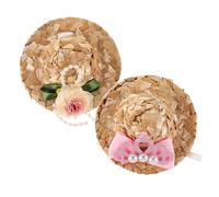 WEKADRIN 2pcs Mini Hats with Pearl Flower and Pink Bow Tie, Small Summer Costume Caps for Parrot, Chicken, Bird Accessories with Adjustable Chin Strap for Birthday and Tea Party