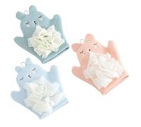 WEKADRIN 3pcs Baby Bath Gloves Washcloths Infant Bathing Mitts Soft Cartoon Dual-Sided Scrubbing Sponge Bath Accessories in Sky Blue Tangerine and Mint Green