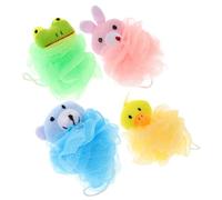 WEKADRIN 4 Pcs Cartoon Animal Shower Ball Mesh Bath Scrub with Hanging Rope Soft Bath Balls for Gentle Exfoliation and Skin Cleaning Includes Frog Pink Rabbit Blue Bear Yellow for Teens