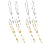 WEKADRIN 4pcs Gold Silver Imitation Pearl Tiny Rosary Beads Bracelets with Traditional Cross Charms Handcrafted Prayer Beaded Bracelets for Baptism Communion Wedding Favors Inspirational