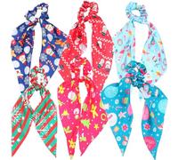 WEKADRIN 6pcs Christmas Long Tail Hair Bands Elastic Ponytail Holders Bow Knot Scrunchies, Multi-Color Ribbon Hair Accessories for Holiday Festive Hairstyles