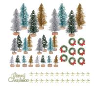 WEKADRIN Artificial Mini Pine Tree with Wood Base and Mini Wreaths Snow Flocked Tabletop Christmas Decorations for Home Office Holiday Markets Compact Winter Village Scene Ornaments