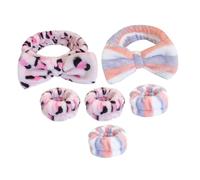WEKADRIN Plush Spa Headband and Wristband Set 6pcs, Tie-dye Pink Leopard and Blue Red Striped, Absorbent Face Washing Wrist Cuffs for Women’s Skincare and Makeup Routine