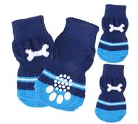 WEKAMOS 2 Pairs Slip Cotton Dog Socks Washable Small Pet Paw Protectors with Nonslip Sole Winter Warm Socks for Puppies and Small Dogs Blue Bone Pattern for Indoor and Outdoor Use