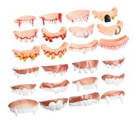 WEKAMOS 24pcs Halloween Party Denture Props Fake Teeth PVC Prank for Horror Cosplay and Funny Photos Includes Pearl and Flesh Color Dentures Safe Reusable PVC Material