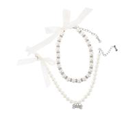 WEKAMOS 2pcs Adjustable Pet Necklace for Small Dogs Cats Fade-resistant Bowknot Pearl Collar with Bone Pendant Clean Jewelry for Daily Walks Parties Family Gatherings and Photo Sessions