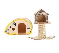 WEKAMOS 2pcs Wooden Hamster Hideout House with Treehouse Platform, Natural Small Animal Villa Cage Accessory for Gerbils and Hamsters, Pet Habitat Play for Year-round Use
