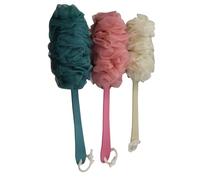 WEKAMOS 3pc Long Handle Bath Flower Scrubber Set with Mesh Gauze Exfoliating Body Brush for Shower and Bath in Beige Pink Blue for Daily Skin Care