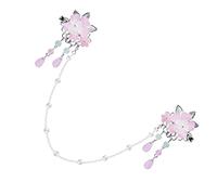 WEKAMOS Pink Flower Hair Clip with Tassel Pendant and Forehead Chain Retro Style Barrette for Comfortable Non Damaging Hairpin Accessory for Hanfu and Everyday Wear
