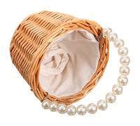 WEKAMOS Small Woven Wedding Flower Girl Basket with Handle Handwoven Wicker Basket with Pearl and Tassel Decor Rustic Style Floral Petal Holder for Wedding Party and Photo Props
