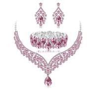 wekicici Full Silver Crystal Rhinestone Jewelry Set Crystal Statement Necklace Dangle Earrings Bracelet Set Pink Red Black Teardrop Rhinestone Necklace Set for Women Wedding Halloweem Party Prom