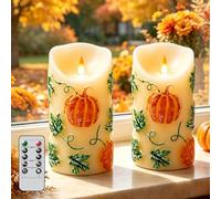 Wekity Autumn Pumpkin Flameless Candles, 2Pcs Paraffin Battery Operated Flickering Pillar Candles with Remote, 3D Embossed Harvest Electric Candles for Halloween & Autumn Home Decor (Pumpkin)