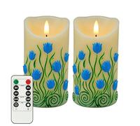 Wekity Embossed Blue Tulip Flickering Flameless Candles, 2Pcs Paraffin LED Pillar Candles with Remote & Timer, Battery Operated, 3D Floral Electric Candles for Spring Decor & Women Gift (Blue-Tulip)