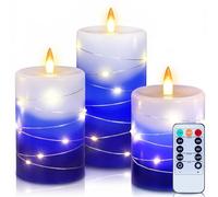 Wekity Flameless LED Candles with String Lights, 3Pcs Blue Ombre Paraffin Wax Pillar Candles with Remote, Battery Operated, Flickering Electric Candles for Home Decor, Christmas & Gift (Blue Ombre)