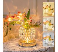Wekity Flower Table Lamps, 3 Colors Dimmable Orchid Glass Night Light, Rechargeable Cordless Small Table Lamp for Date Party Home Decoration (Pink-Ivory Orchid)