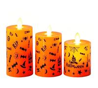 Wekity Halloween Flameless Candles, 3Pcs LED Flickering Flame Pillar Candles with Remote and Timer, Battery Operated Orange Candles with Spooky Silhouettes for Home & Party Decor (Orange-Halloween)
