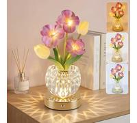 Wekity Sakura & Tulip Flower Lamps, Rechargeable LED Table Lamp with Glass Vase, 3-Colour Dimmable Cordless Tulip Artificial Flowers Night Light for Date Party Home Decoration (Pink-Sakur Tulips)