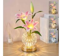 Wekity Sakura & Tulip Flower Lamps, Rechargeable LED Table Lamp with Glass Vase, 3-Colour Dimmable Cordless Tulip Artificial Flowers Night Light for Date Party Home Decoration (Pink-Lily)