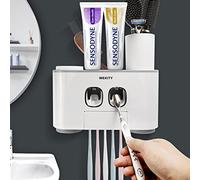 Wekity Toothbrush Holder & Dispenser Set, 2 Automatic Toothpaste Dispensers, 5 Slots Holder, 4 Cups, Wall Mounted, Gray
