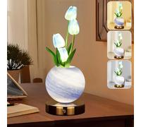 Wekity Tulip Flower Lamps, 3 Colors Dimmable Planet Night Light, Rechargeable Cordless Tulip Small Table Lamp for Date Party Home Decoration (Blue)