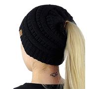 WEKNOWU Women Hat, Soft Stretch Cable Knit Messy High Bun Ponytail Beanie Hat (Black)