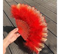 WEKONUMEX Folding Handheld Feather Fan, Feather Folding Fan Multicolor Dance Performance Prop Hand Held Cheongsam Ornament(Red,WIth Tassel)