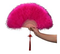 WEKONUMEX Folding Handheld Feather Fan, Feather Folding Fan With Chinese Knot Multicolor 46x25cm 22x2.5cm(Rose Red)