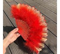 WEKONUMEX Folding Handheld Feather Fan, Feather Folding Fan With Pendant, 25x45cm, Multicolor For Wedding Party Decoration(Red)