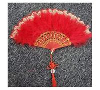 WEKONUMEX Folding Handheld Feather Fan, Feather Folding Hand Fan Multicolor(Red With Knot)