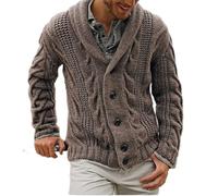 Wekumgy Men Winter Thick Cardigan Sweaters Fashion Shawl Collar Button Up Sweater Cable Knit Casual Open Front Knitwear Brown