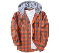Wekumgy Men's Flannel Shirt Lightweight Hoodie Plaid Casual Long Sleeve Drawstring Shirt with Pockets Orange