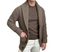 Wekumgy Men's Shawl Collar Button Down Cardigan Sweater Vintage Casual Long Sleeve Cable Knitted Sweater with Pockets Brown