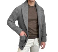 Wekumgy Men's Shawl Collar Button Down Cardigan Sweater Vintage Casual Long Sleeve Cable Knitted Sweater with Pockets Grey