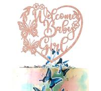 Welcome Baby Girl Cake Topper, It's a Girl, Floral Theme Baby Shower Decorations, Butterfly Flower Theme Baby Shower First Birthday Gender Reveal Party Supplies for Her, Rose Gold Glitter