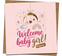 Welcome Baby Girl New Baby Card - Pink Mobile Rainbow Design - 145mm x 145mm - Includes Kraft Envelope - Congratulations Greeting Card for Newborn, Parents, Baby Shower