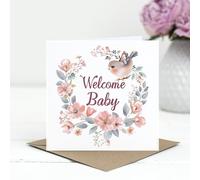 Welcome Baby Greeting Card - Pink Floral Wreath with Cute Bird Illustration, Watercolour Nature-Inspired Newborn Congratulations, Baby Shower Celebration - C50