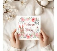 Welcome Baby Greeting Card - Pink Floral Wreath with Cute Bunny Rabbit, Watercolour Nature-Inspired Newborn Congratulations, Baby Shower Celebration - C49