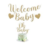 Welcome Babys Light Gold Banner+Oh Baby Cake Topper - RETWOT Rose Gold Welcome-Baby Banners with Cake Decoration for Babys Shower & Gender Reveal Parties