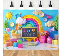Welcome Back to School Backdrop Colorful Rainbow Classroom Backdrop with School Supplies, Sun and Clouds - Educational Kids Party Decorations,First Day of Kindergarten Backdrops (A, 7x5feet)